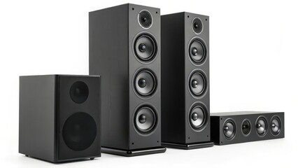 Fototapeta premium Complete black surround sound speaker set including tall floor speakers, subwoofer, and center channel unit for immersive home audio.