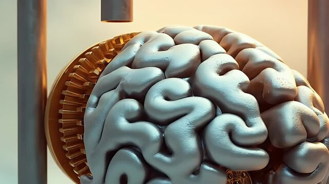 A close-up 3D render of a human brain being locked with a metallic padlock in slow motion, captured in an abstract style&mdash;symbolizing mental restriction, emotional suppression, or protected thoughts.

