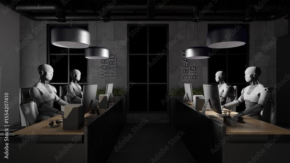 Poster multiple humanoid robots working at desks with computers in a office interior illuminated by purple 