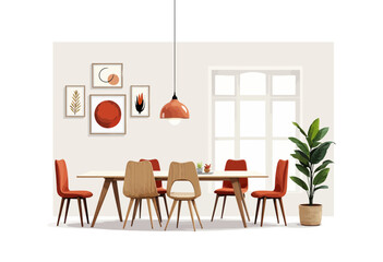 Modern dining room with wooden table and red chairs in minimalist style  