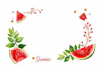Fototapeta premium Watermelon summer frame with green leaves and floral accents 