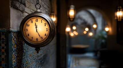 Ornate Islamic style wall clock hanging traditional Middle Eastern courtyard mosaic tile arch reflecting artistic heritage cultural timekeeping warm ambient lighting   transparent