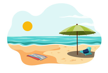 Beach scene with sun, umbrella, lounge chair, and sandy shore  