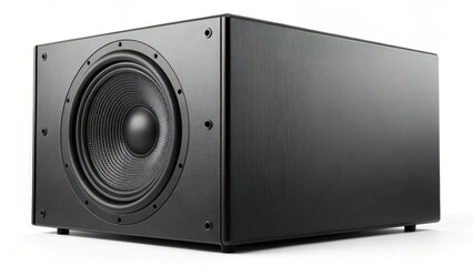 Obraz premium Close-up of a modern black powered subwoofer with a textured finish, designed for delivering deep bass in home audio systems.