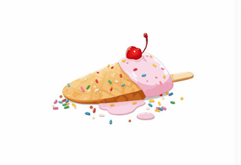 Melting ice cream bar with pink coating and cherry on top  
