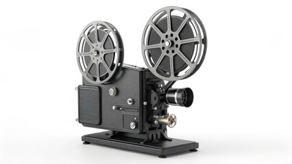 Naklejka premium Classic reel-to-reel film projector with dual reels and metal body, isolated on white, symbolizing retro cinema and filmmaking equipment.