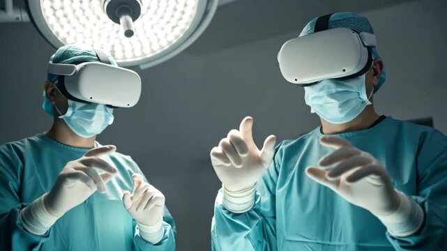 Two surgeons wearing vr headsets collaborate during a virtual reality surgical simulation in a modern operating room - Powered by Adobe