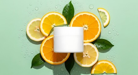 White jar surrounded by citrus fruit slices and green leaves on light green background