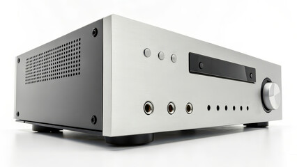 Fototapeta premium High-end silver stereo amplifier receiver with multiple input ports, volume knob, and display screen, ideal for home audio systems.