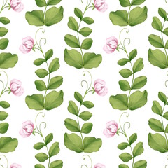 Seamless Pink Sweet Pea and Green Leaf Pattern Illustration