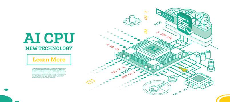 Isometric illustration of AI CPU technology with binary code, cloud storage, and secure data flow. Concept of artificial intelligence, innovation, and digital processing. Illustration.