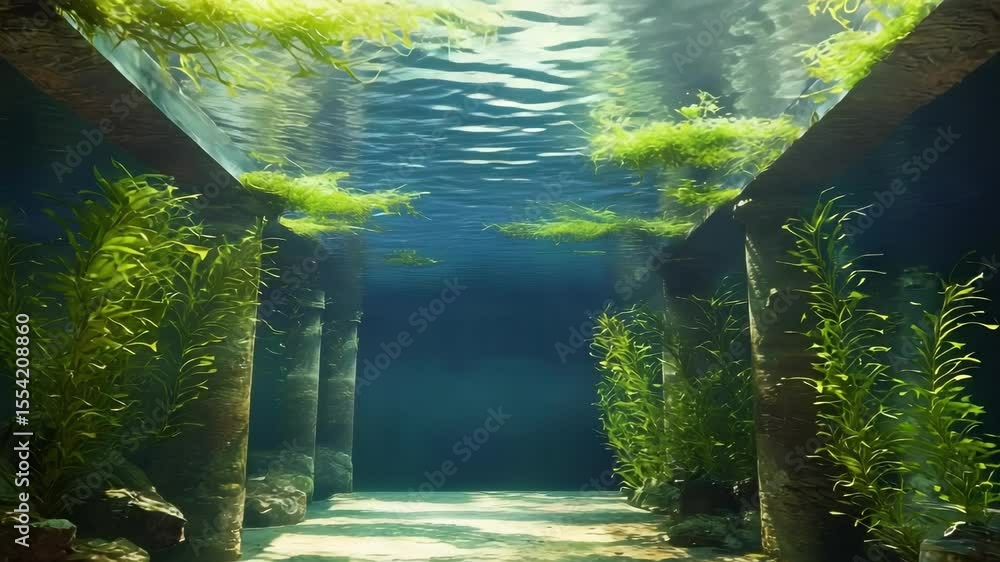 Aufkleber an underwater scene featuring columns and lush greenery, creating a serene and tranquil atmosphere.