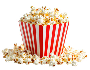 Angled View of Popcorn Box Tipped Over with Popcorn Spilling Out, isolated on transparent background