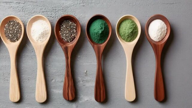 A collection of various powders and seeds displayed in wooden spoons on a textured surface.