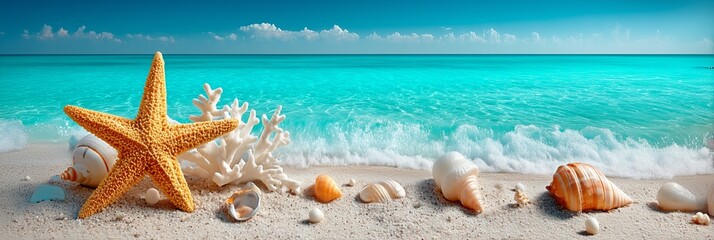 Starfish and seashells rest on a sunny beach with turquoise ocean waves