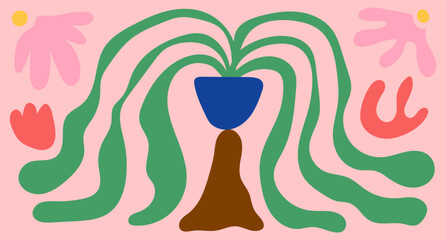 Matisse style floral boho pot banner, with a combination of little pink and red flowers