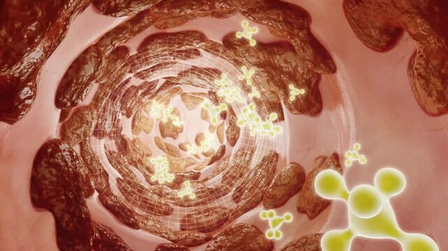 Intestinal probiotics clean viruses and bacteria in the intestines, clean up stool and food residues, promote intestinal peristalsis, enhance human immunity, digestive system health concept, 3D.