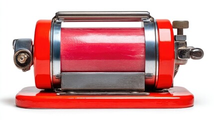 Electric meat slicer with sharp blade isolated on white seamless surface