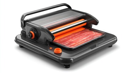 Electric meat slicer with sharp blade isolated on white seamless surface