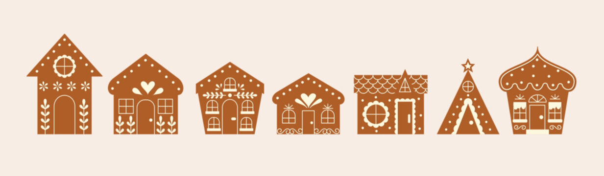 Gingerbread Houses Collection. Christmas and New Year Cookies Set. Festive Homemade Bakery. 