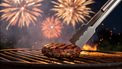 Independence day celebration. Grilled burger patty barbecue firework night celebration outdoor summer festive, family gathering holiday, 4th july