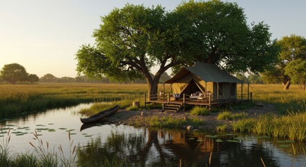 Obraz premium Safari tent by a calm river at sunrise, serene wildlife retreat, luxury glamping in nature