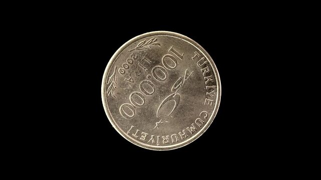 Turkey 2000 commemorative 100 000 lira coin obverse with crescent star and value rotating on black background