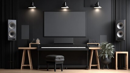 Modern minimalist music room featuring black digital piano, studio monitors, and tidy instrument stands