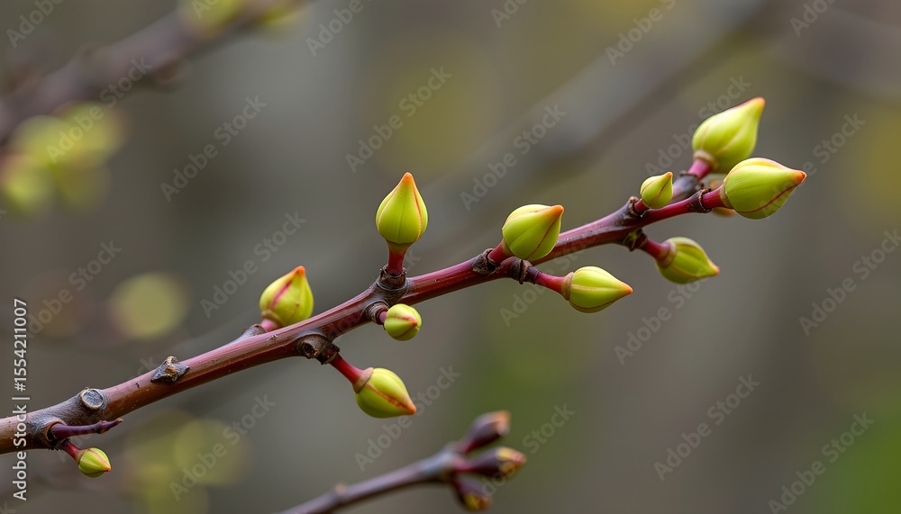 Poster close-up of vibrant green leaf buds on a dark red branch in springtime