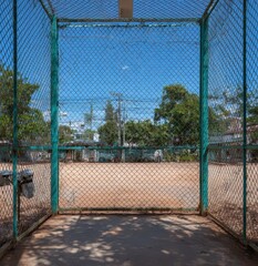 Metal cage enclosure, open gate, sunny day