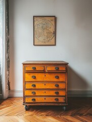 Vintage mustard-colored chest of drawers with a world map print