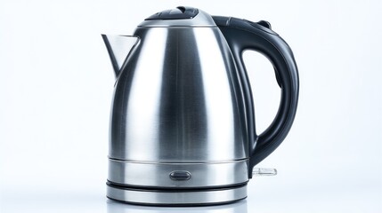 Sleek electric kettle with polished surface isolated on bright white background