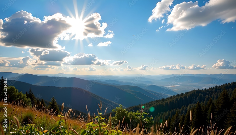 Poster a scenic view of the mountains under a bright sun with some clouds in the sky