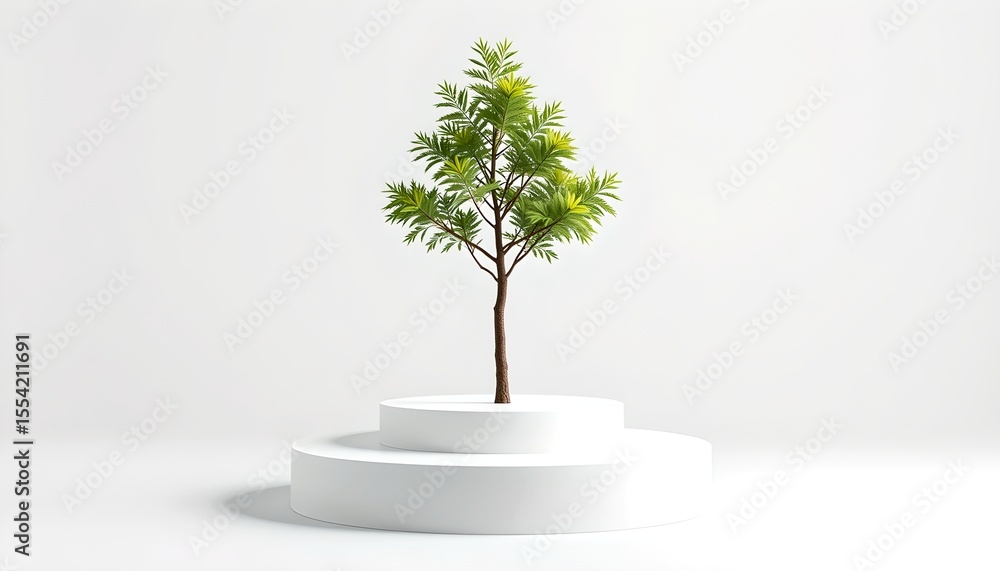 Poster a tiny tree standing on a modern pedestal with freshness and purity. the scene's minimalist aestheti