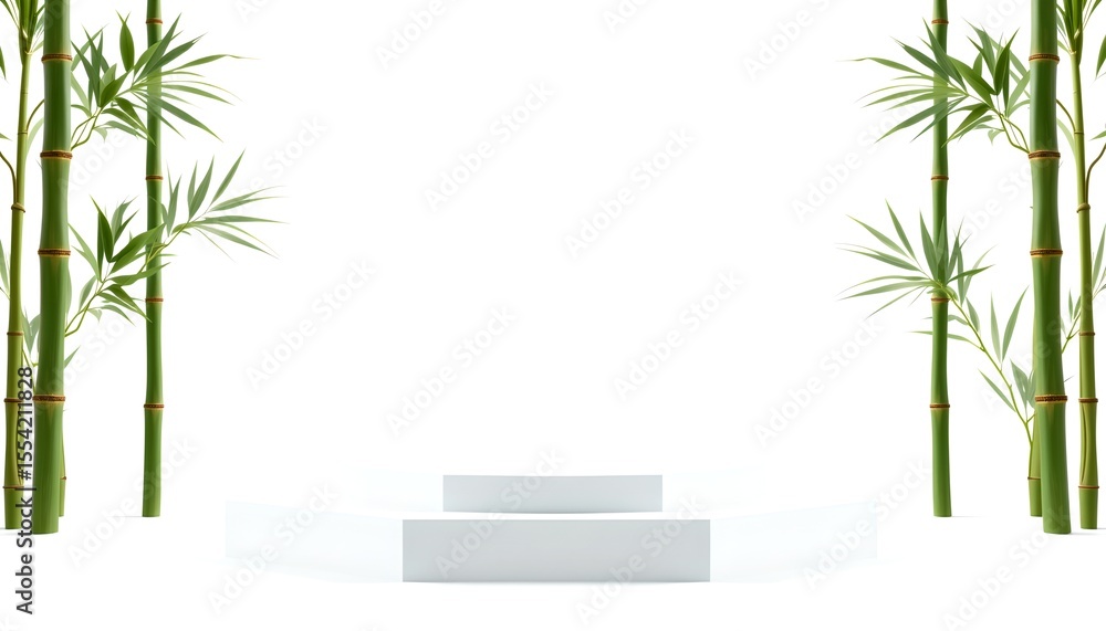 Aufkleber an elegant podium with a minimalist design, framed by bamboo stalks, creating a serene and harmoniou