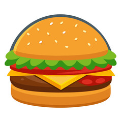 Cartoon Style Hamburger with Lettuce Tomato Cheese and Beef Patty on a Sesame Seed Bun isolated on white background a fun and colorful illustration for