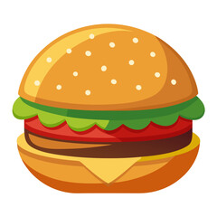 Cartoon illustration of a delicious hamburger with cheese tomato lettuce and sesame seed bun isolated on a white background perfect for menu design or fast