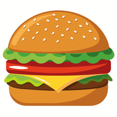Illustration of a classic cheeseburger with sesame seed bun lettuce tomato cheese and a beef patty perfect for menus or food related designs and marketing