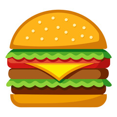 Delicious Cartoon Burger with Fresh Ingredients Including Lettuce Tomato Cheese and Meat Perfect for Fast Food Restaurants and Food Related Designs Isolated on a White