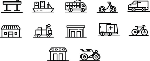 Monochrome Urban Mobility and Architecture Icon Set – Black and White Illustrations of Vehicles and Buildings Including Bus, Train, Scooter, House, and Storefront for City Planning and Transport Desig