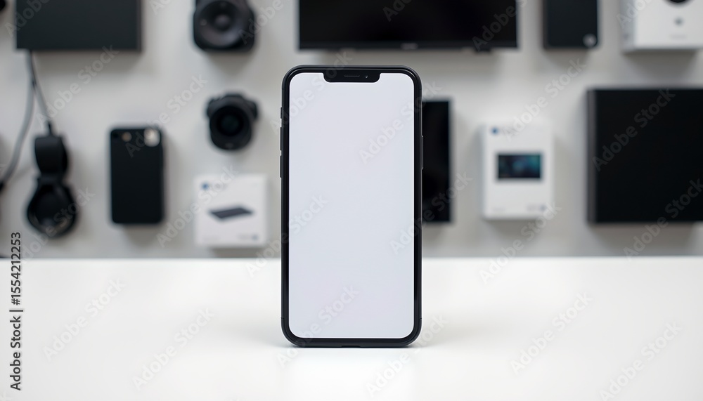 Poster a phone with a blank screen, surrounded by various electronic devices on a desk. the phone takes cen