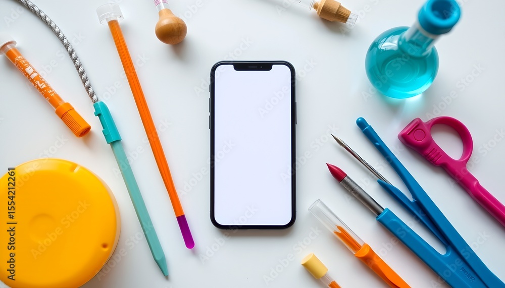 Aufkleber smartphone surrounded by lab tools with an empty screen for mock-up or copy space