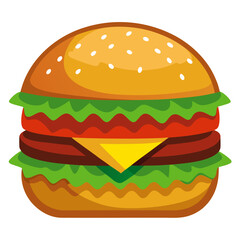 Cartoon style burger illustration with sesame seed bun lettuce tomato cheese and patty isolated on white background perfect for menus posters and social media graphics