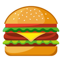 Cartoon style hamburger illustration featuring a sesame seed bun lettuce tomato cheese and a beef patty perfect for menus advertisements or food related designs
