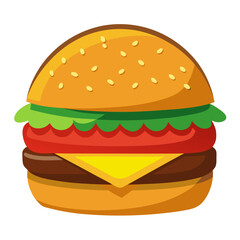 Cartoon Style Hamburger Illustration with Sesame Seed Bun Beef Patty Cheese Tomato Slice and Lettuce Isolated on White Background Suitable for Menu or Advertisement