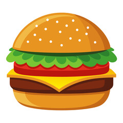 Cartoon Style Hamburger Illustration with Lettuce Tomato Cheese and Patty on a Bun with Sesame Seeds Isolated on White Background Perfect for Food Related Designs