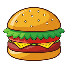 Cartoon style illustration of a delicious looking hamburger with fresh lettuce tomato cheese and a juicy patty isolated on a white background perfect for menus