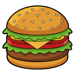 Cartoon Illustration of a Delicious Hamburger with Lettuce Tomato Cheese and a Sesame Seed Bun Perfect for Fast Food Menus and Children s Books Isolated
