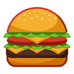 Cartoon Style Double Cheeseburger Illustration with Lettuce Tomato and Sesame Seed Bun Perfect for Fast Food Menus Restaurant Promotions and Digital Marketing Campaigns