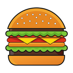 Delicious Cartoon Style Burger Illustration with Fresh Ingredients Perfect for Fast Food Menus Restaurant Promotions and Creative Design Projects Isolated on a Clean White Background